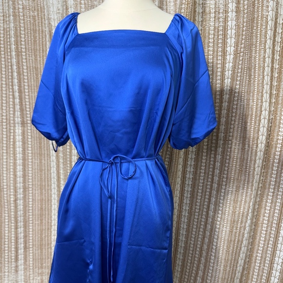 Ann Taylor Dresses & Skirts - Ann Taylor Royal Blue Satin Dress | Size 6 | Puff Sleeve Tie Waist Midi Dress